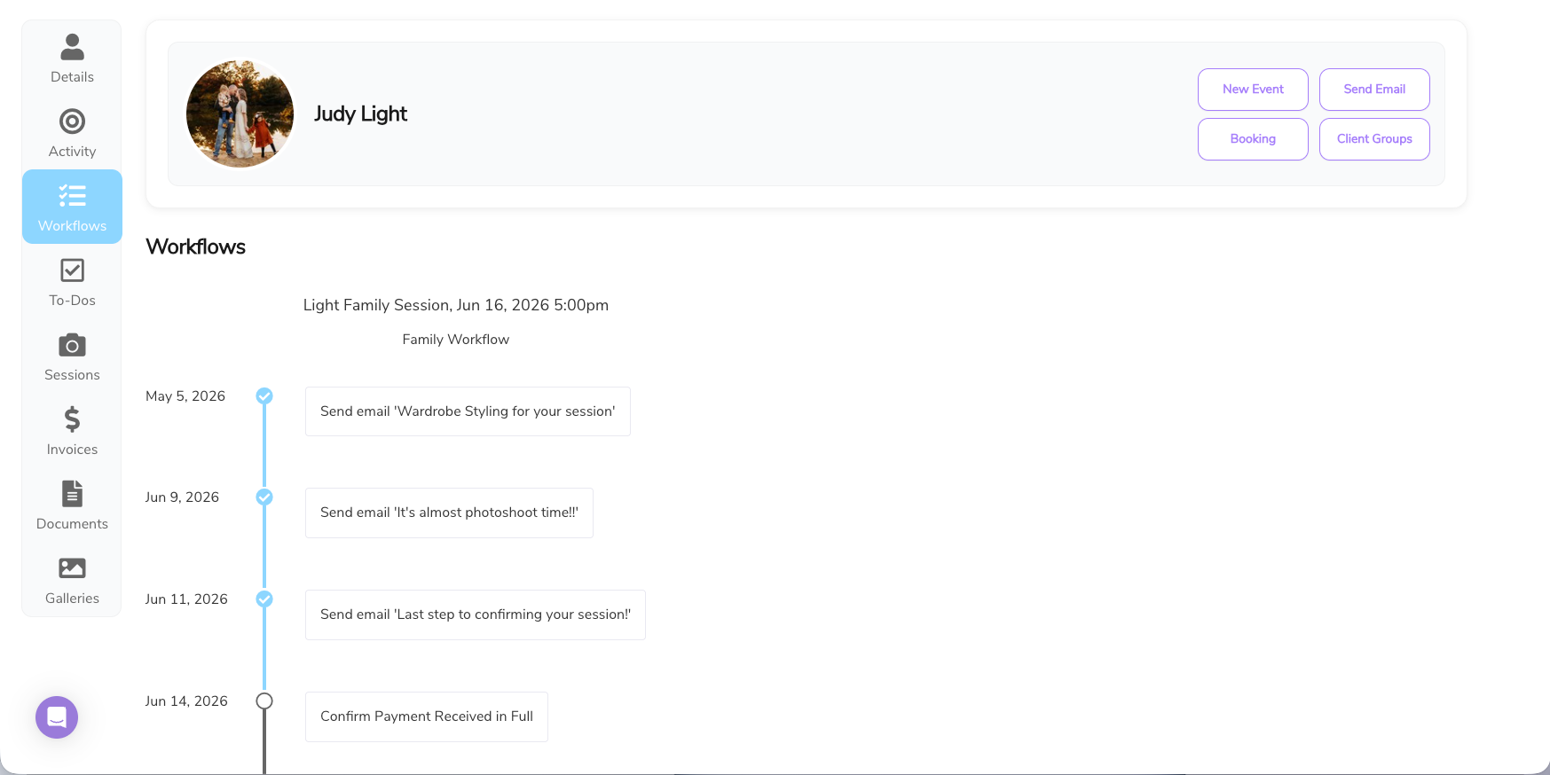 Iris Works workflow timeline showing automated emails, reminders, and client tasks for a family photography session