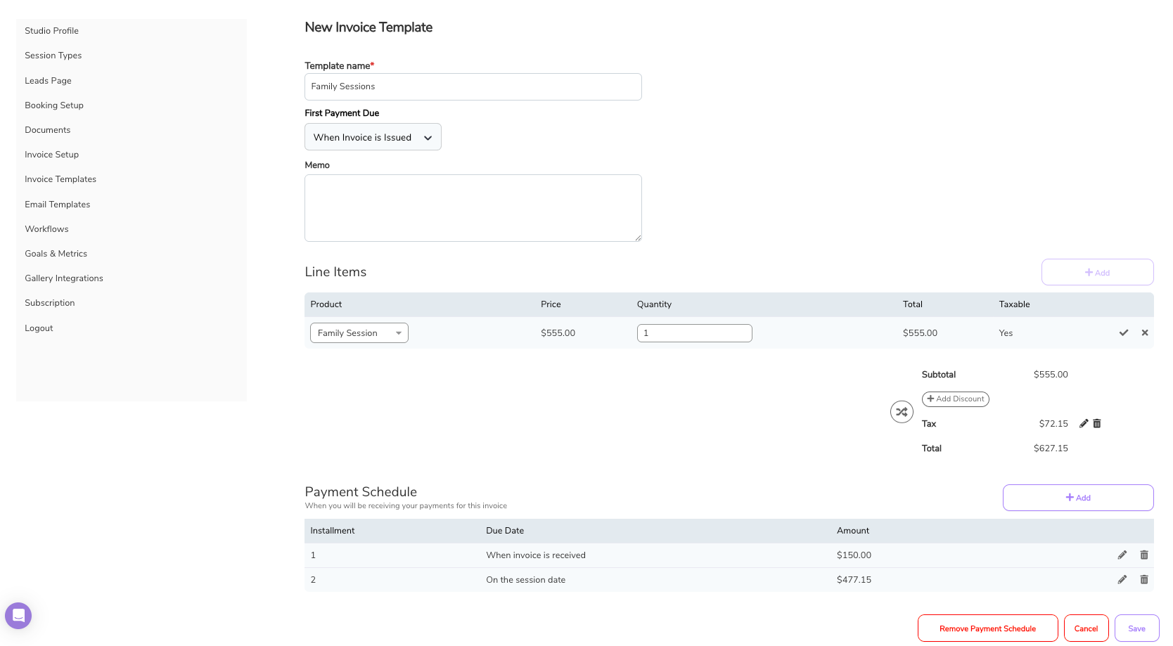 Iris Works invoice template builder with line items, totals, and payment schedule fields