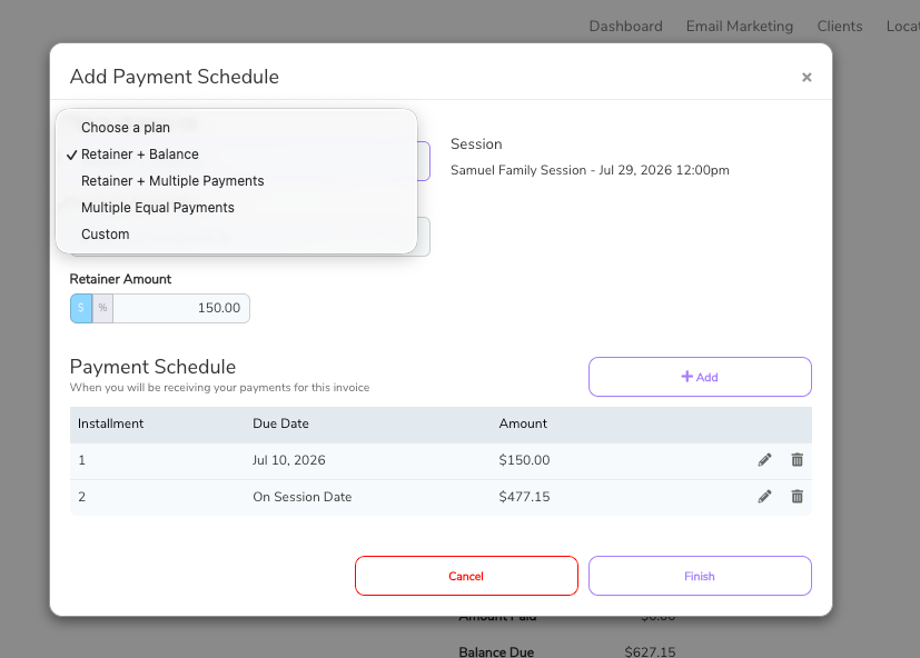 photography invoice payment schedule in Iris Works studio management software, showing split payment installments with custom due dates for photographers