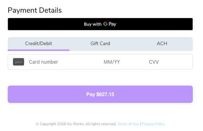 Client paying a photography invoice online through the Iris Works Square integration, with credit card and Apple Pay payment options.