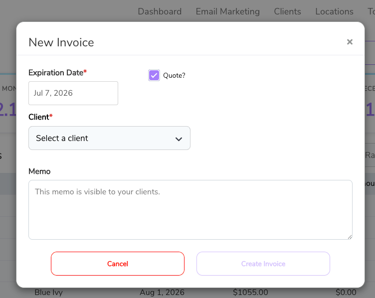 Iris Works quote builder showing a photography pricing quote ready to convert into a client invoice.