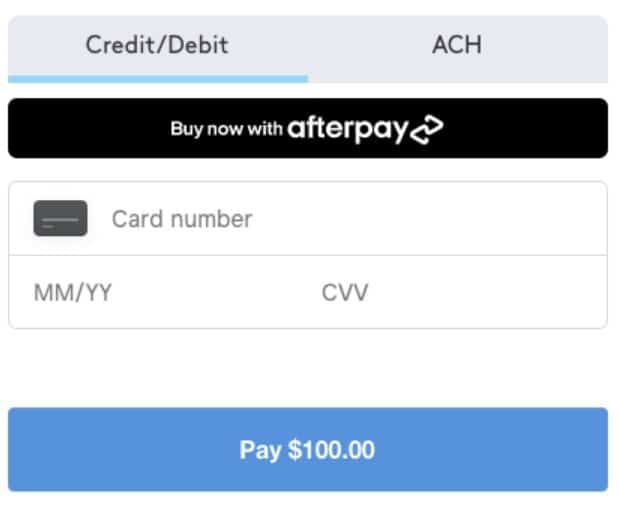 A screenshot of a credit / debit page with a button to pay $ 100.00