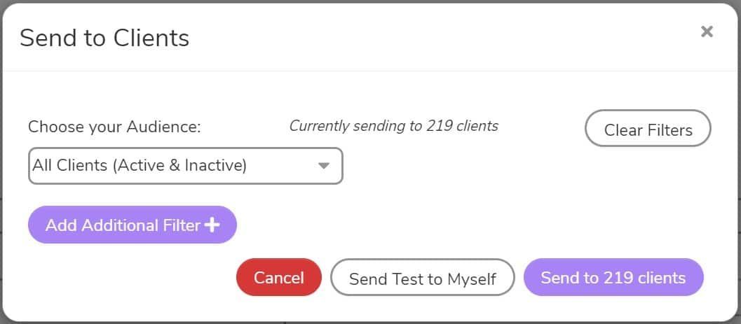 A screenshot of a send to clients window.