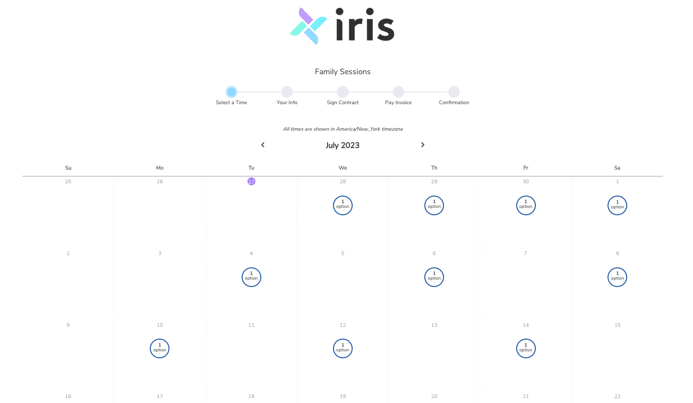 A screenshot of a website called iris with a calendar.