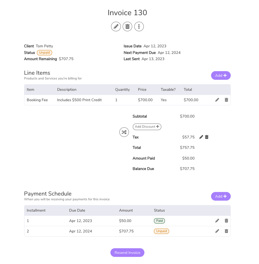 A screenshot of an invoice on a website.