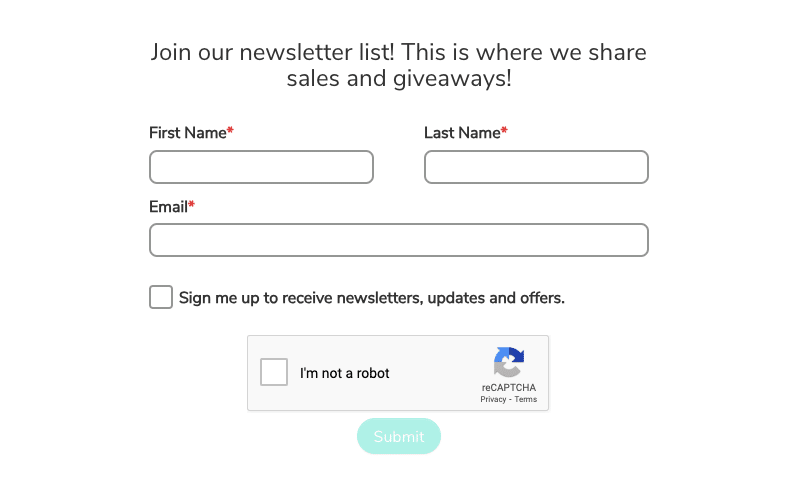 A screenshot of a website that says `` join our newsletter list ! this is where we share sales and giveaways ! ''