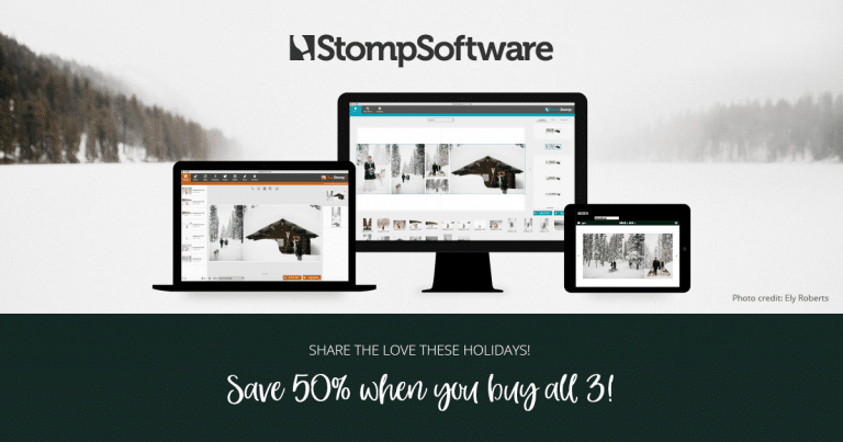 An advertisement for stomp software shows a computer , laptop and tablet