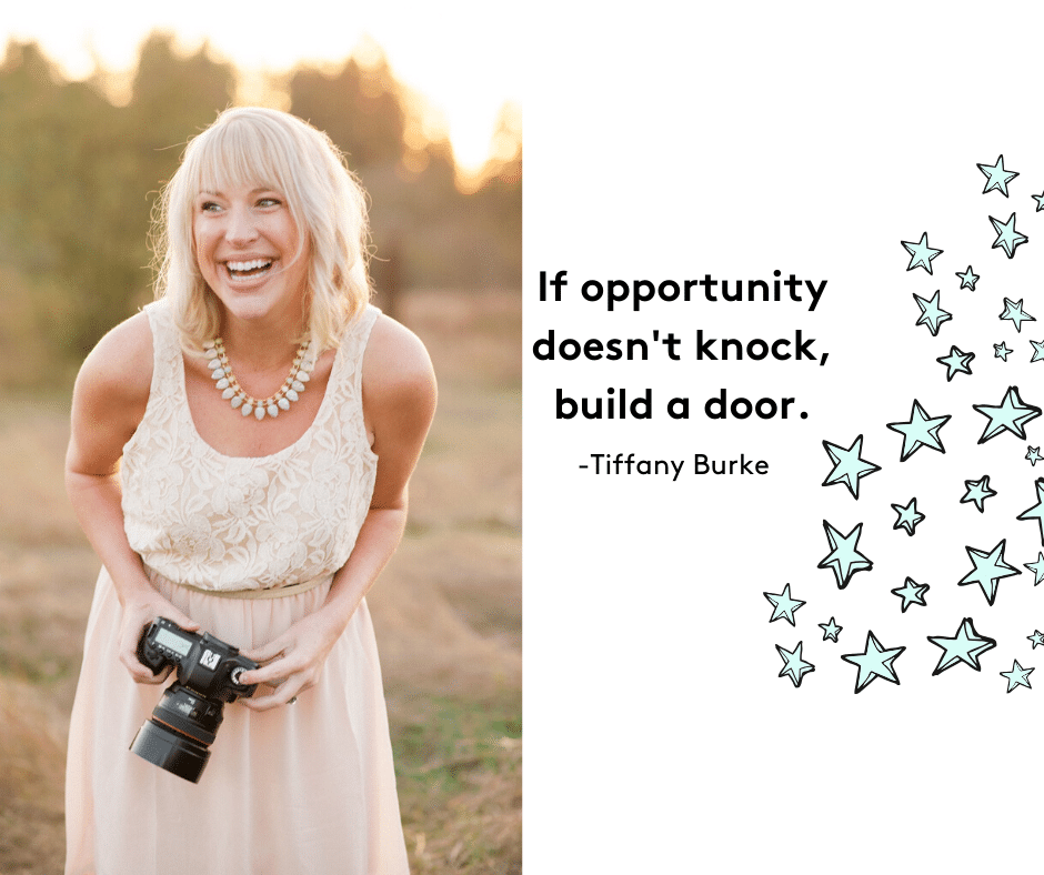 A woman holding a camera next to a quote by tiffany burke