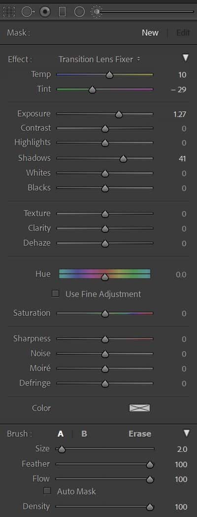 Transition Lens Adjustment Brush - Settings