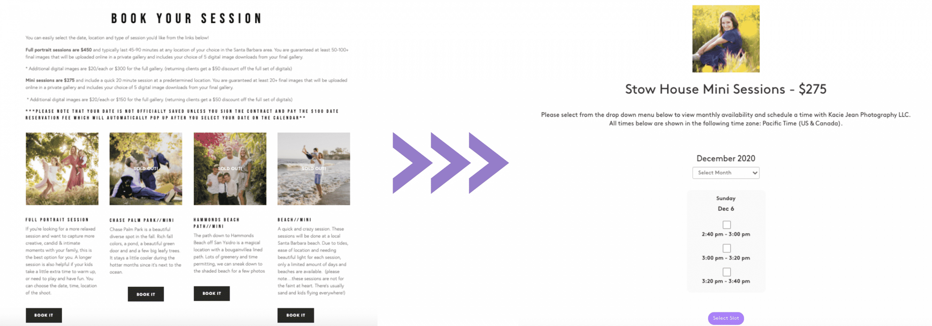 A screenshot of a website with a purple arrow pointing to the right.