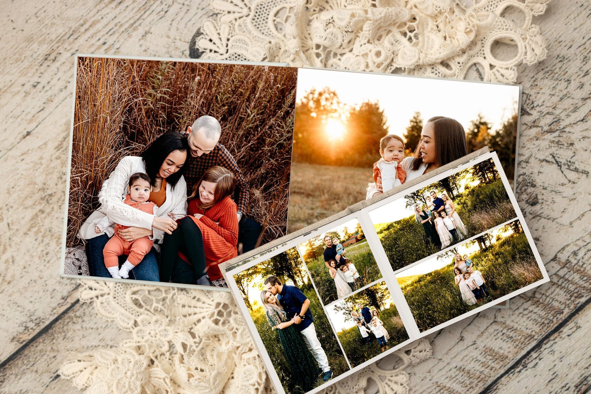 A collage of family photos sitting on top of a wooden table.