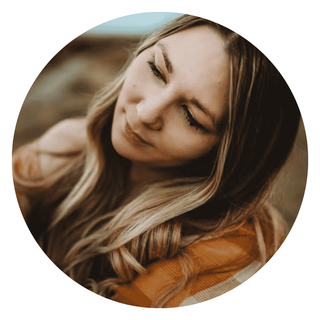 A close up of a woman 's face in a circle