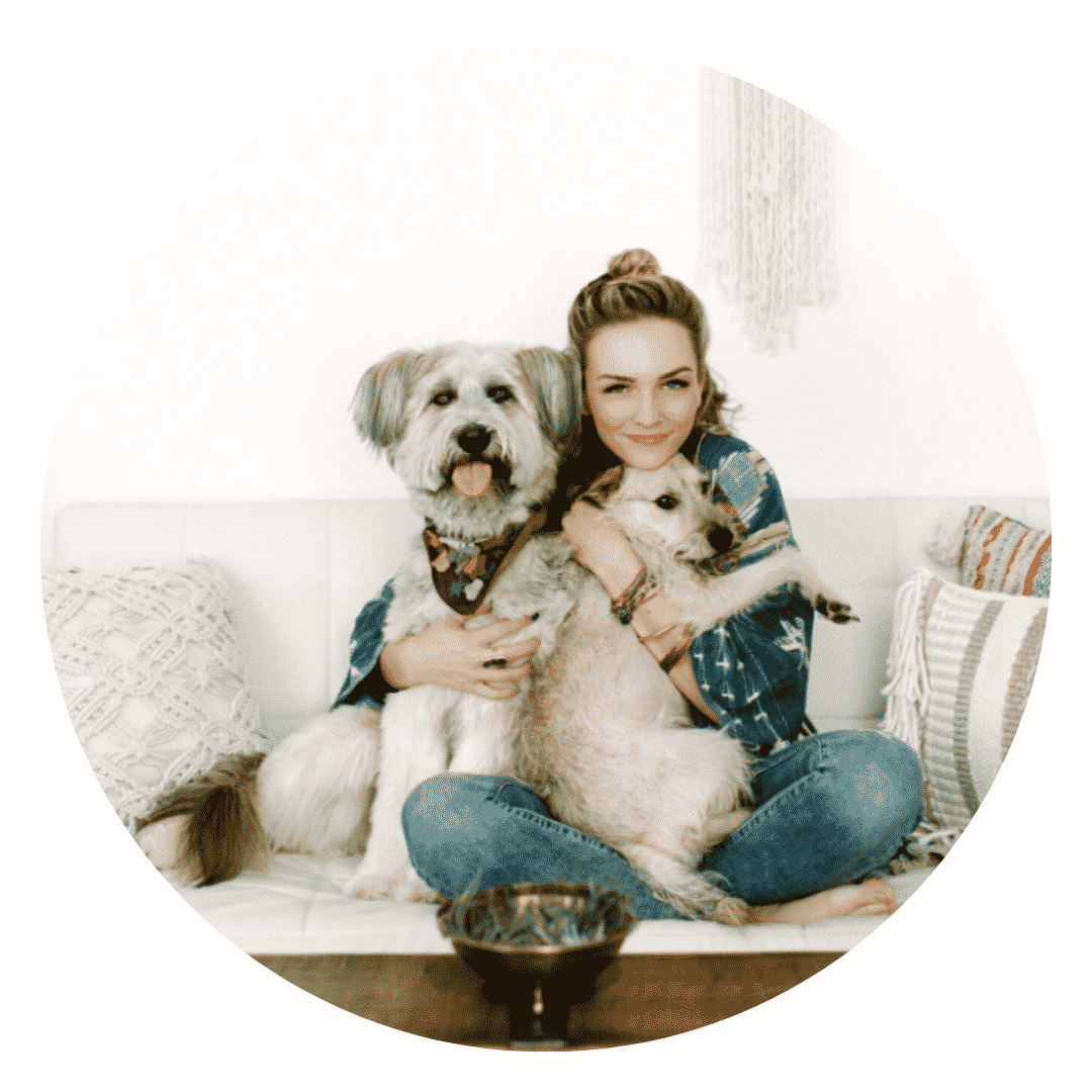 A woman is sitting on a couch with two dogs.