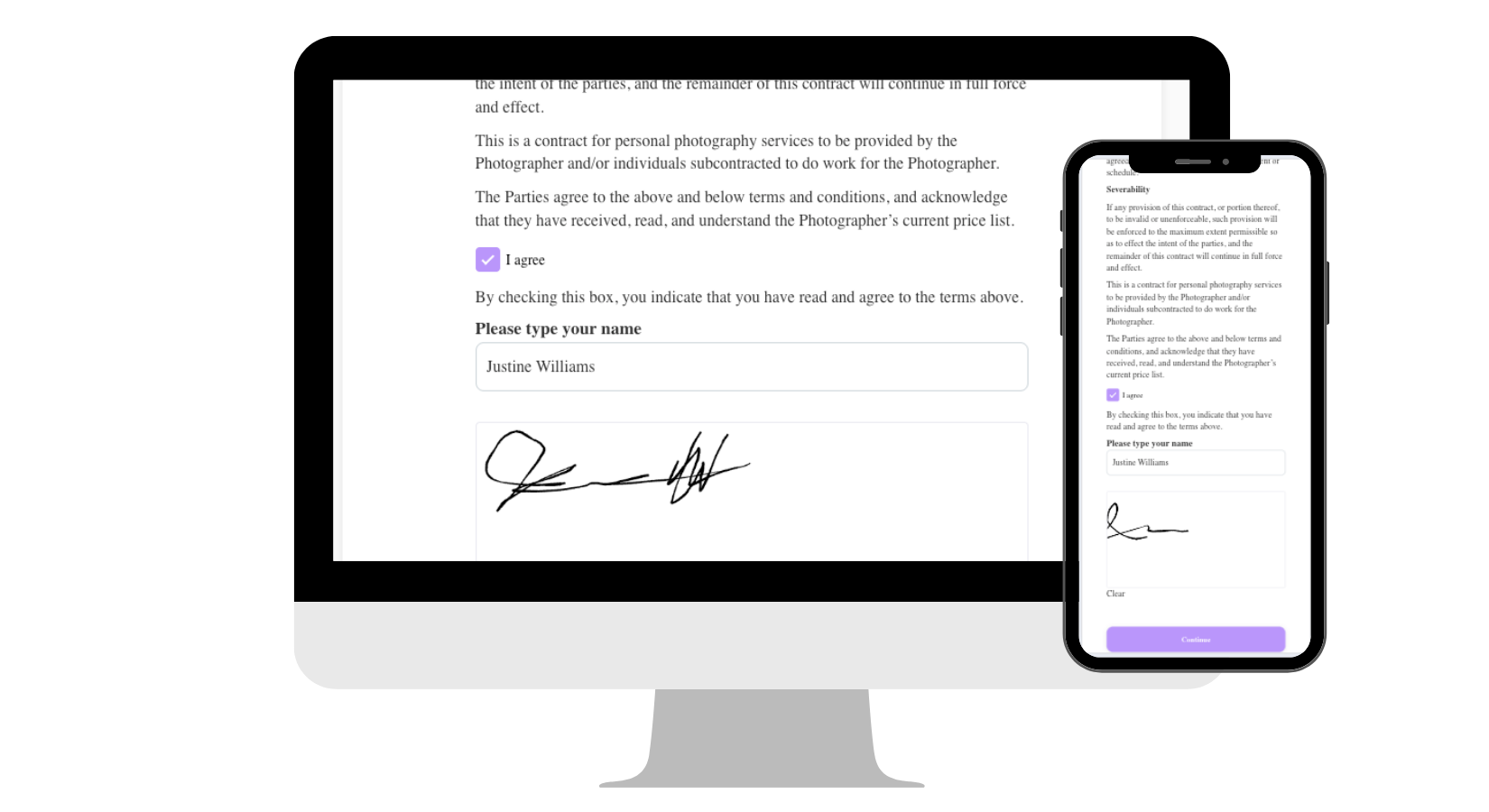 Client signing photography contract on mobile device