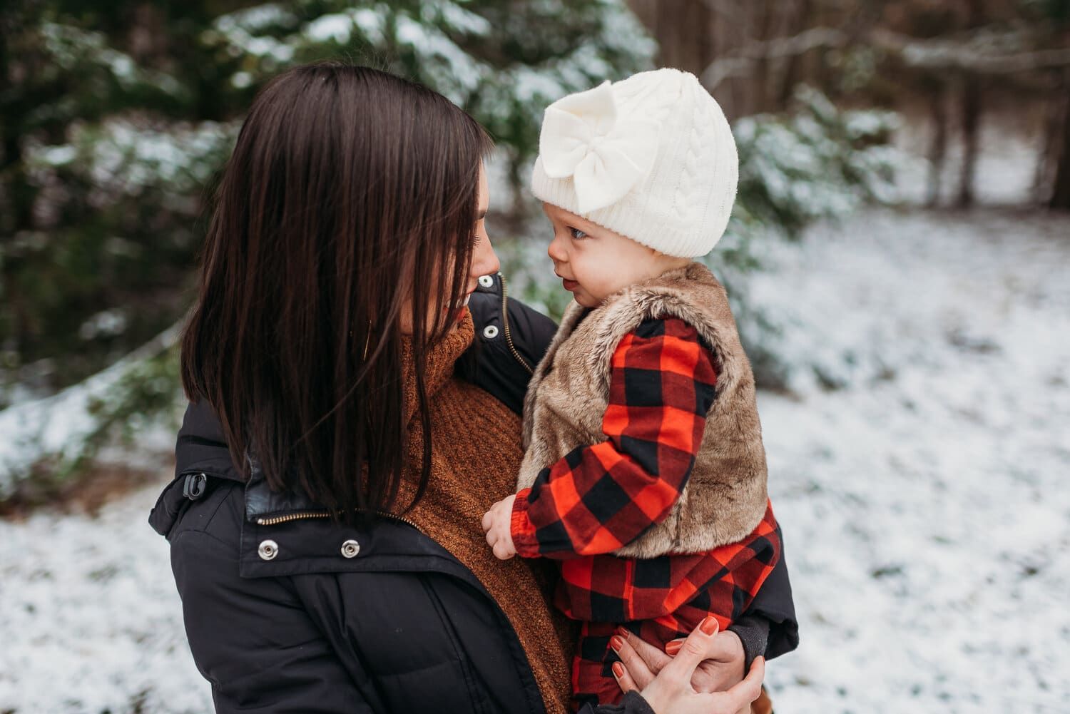 Mom and Baby in Winter Forest