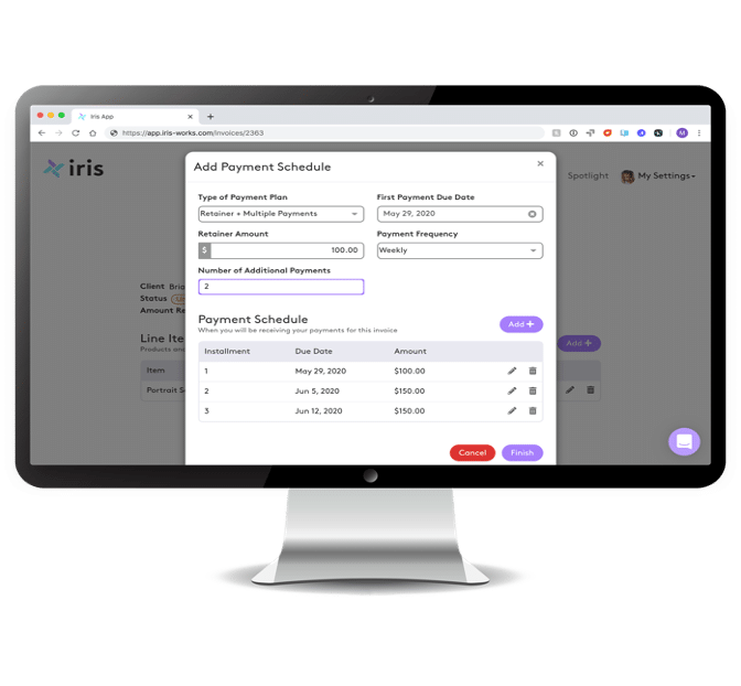 A computer monitor is open to a page that says add payment schedule