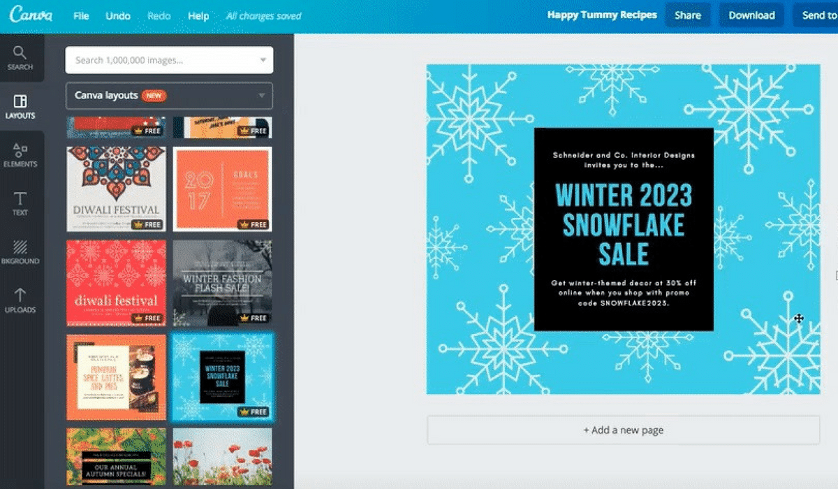 A computer screen shows a winter snowflake sale advertisement.