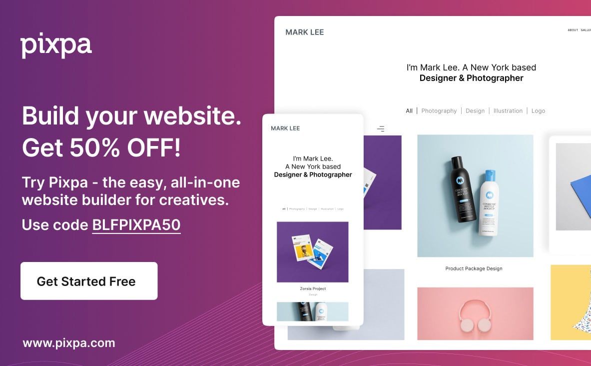 An advertisement for pixpa that says build your website get 50 % off