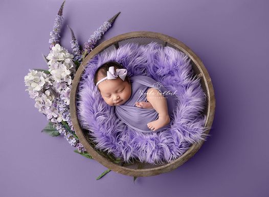 A newborn baby is sleeping in a purple basket with flowers.