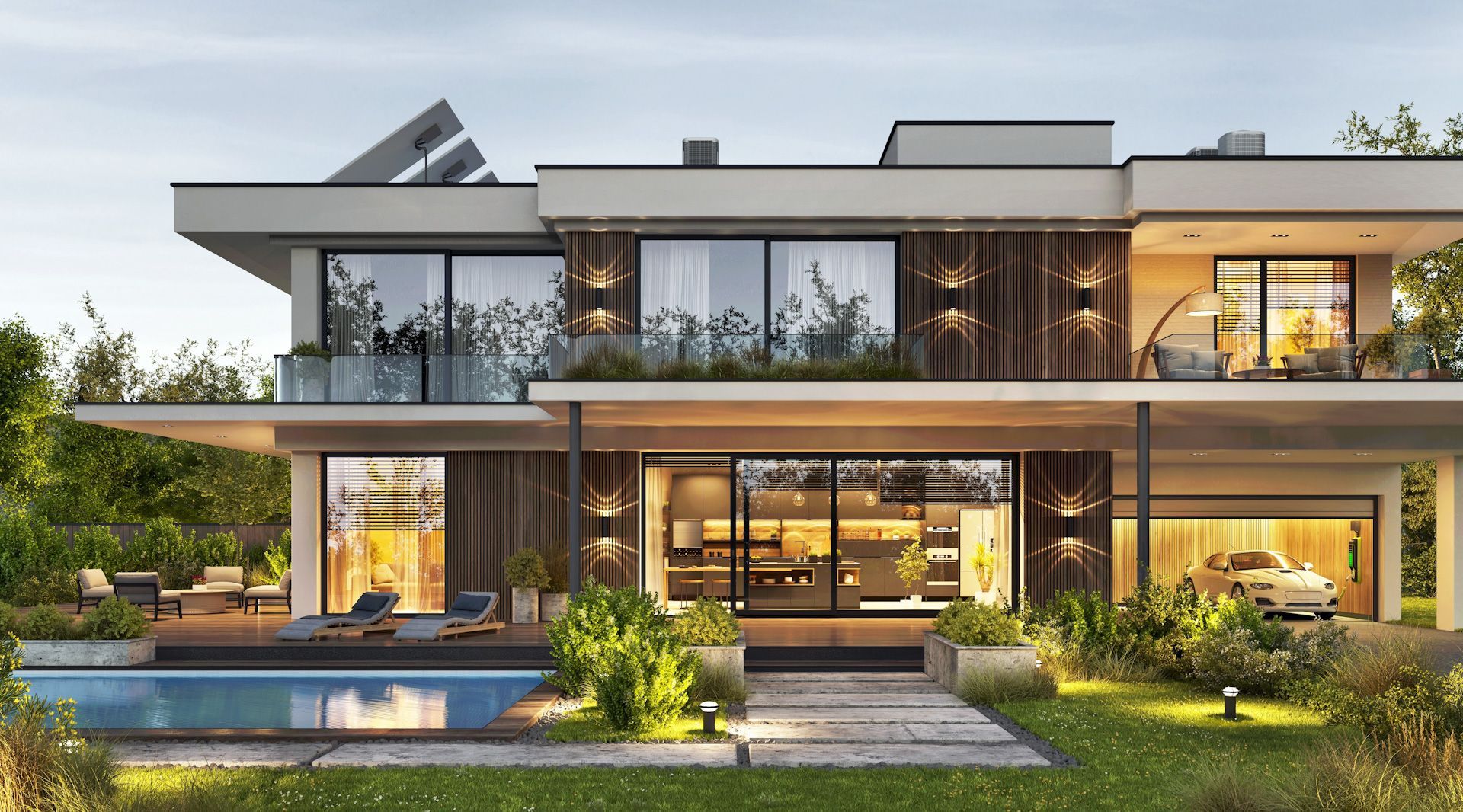 A large modern house with a swimming pool in the backyard.
