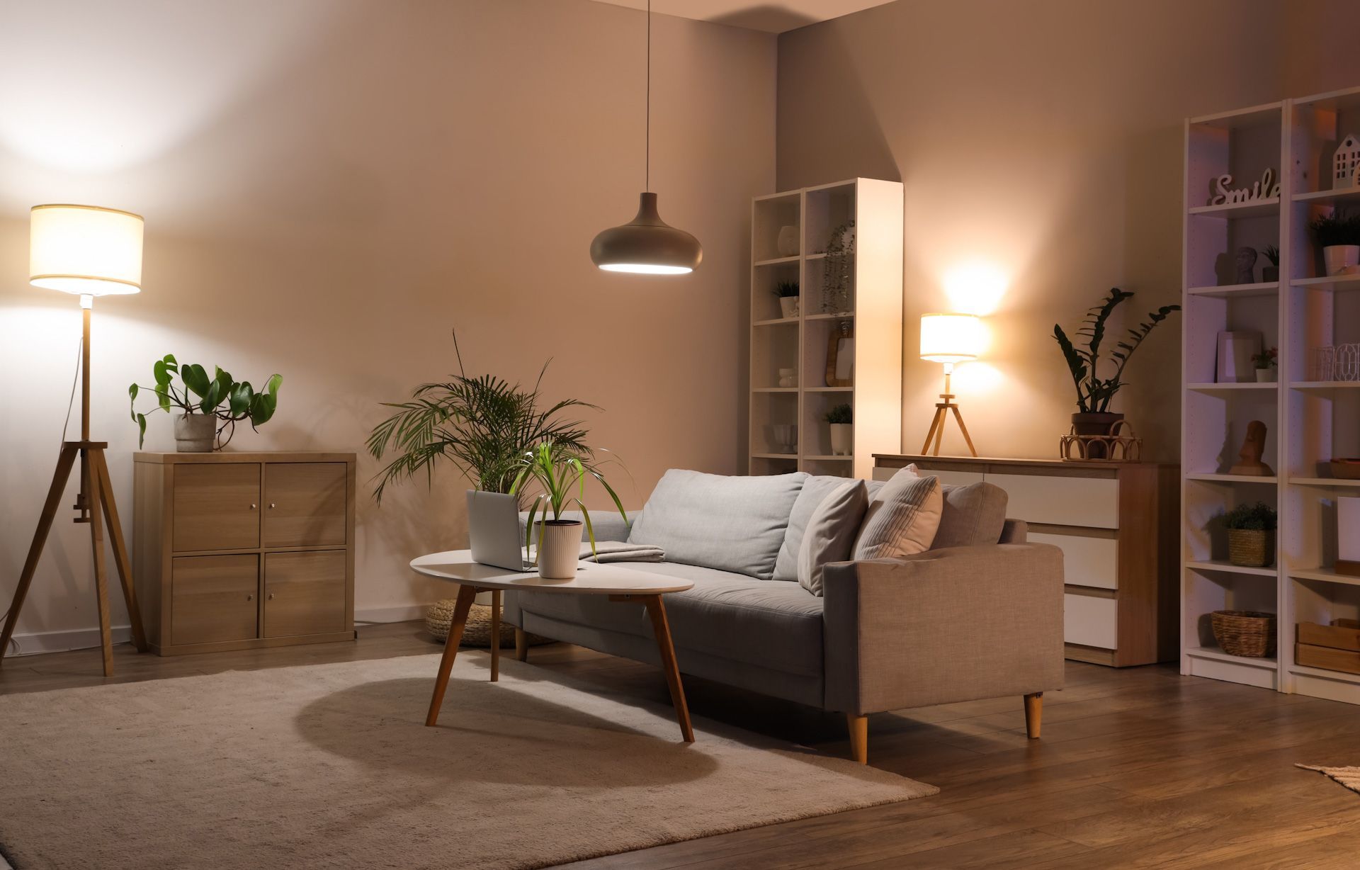 A living room with a couch , table , lamp and shelves.