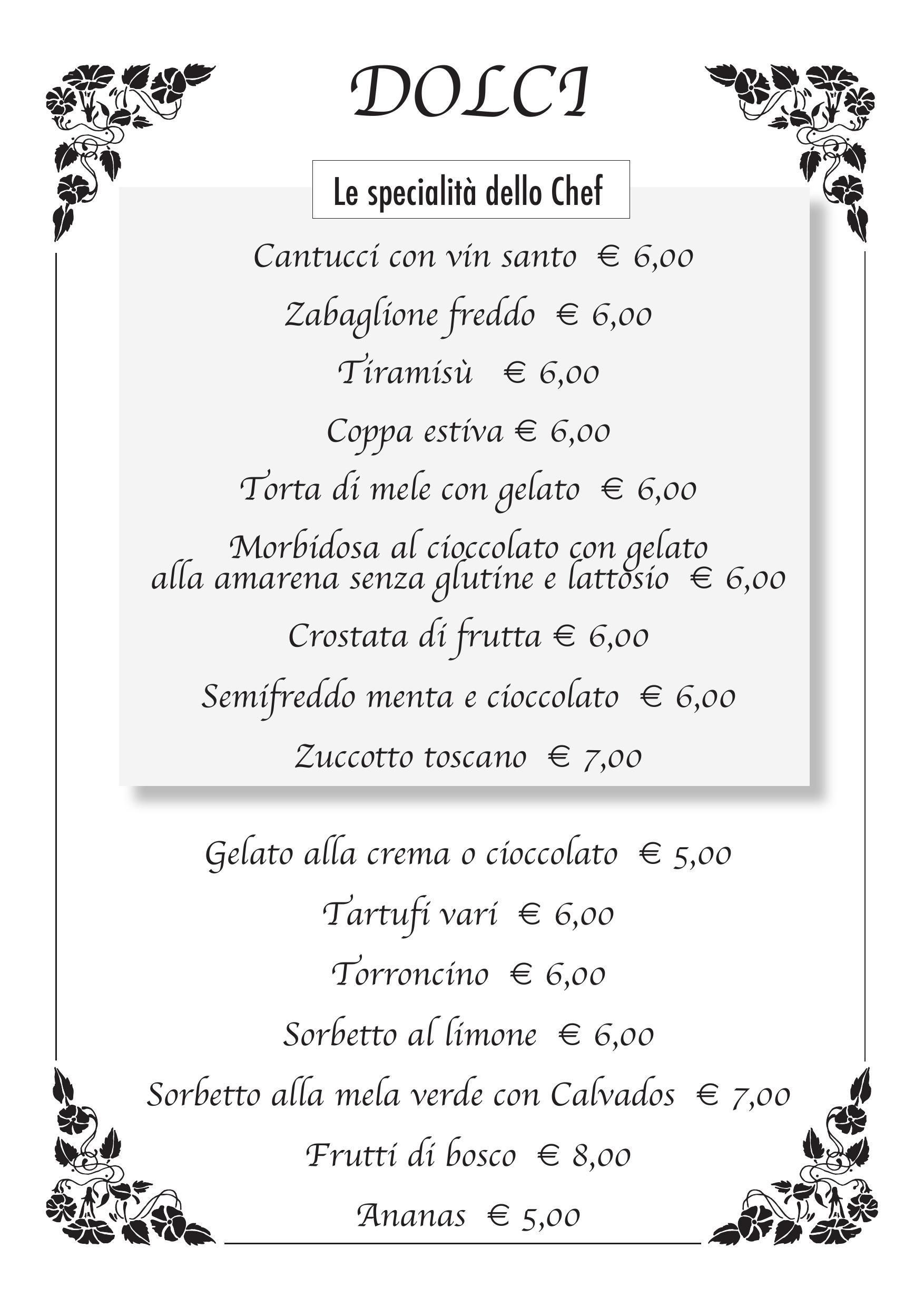 Menù con opzioni e prezzi dei dessert italiani.