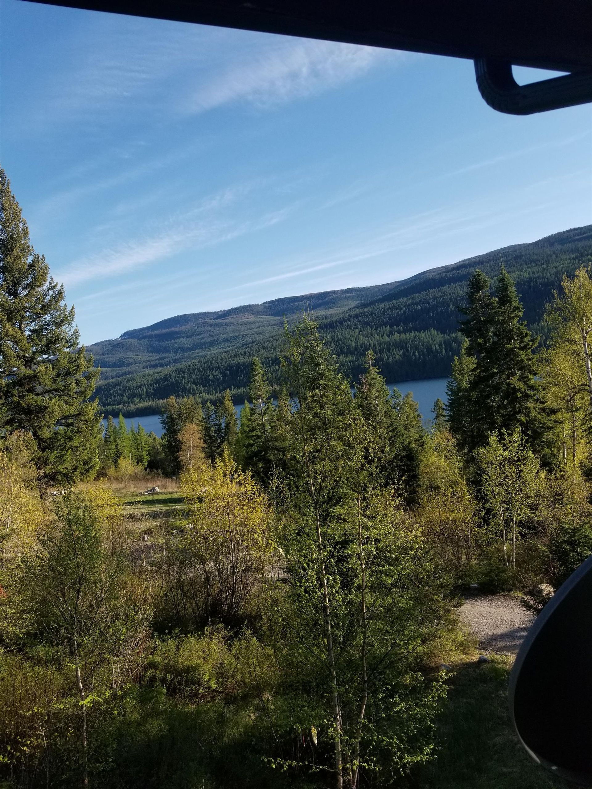 A view of a lake surrounded by trees and mountains