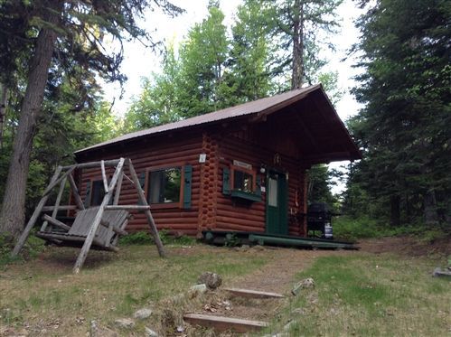 A log cabin in the middle of a forest with a swing and stairs.