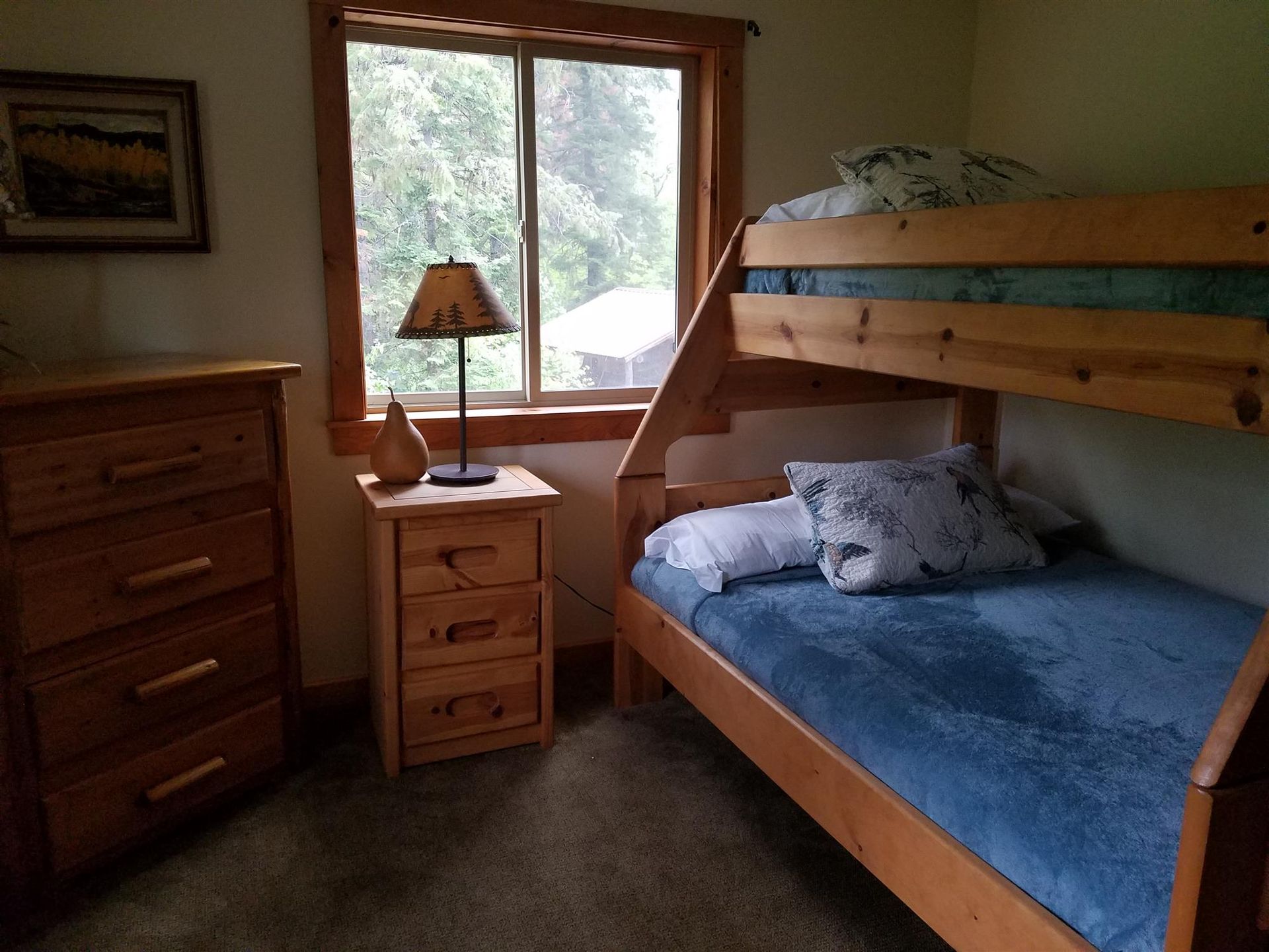 A bedroom with a bunk bed and a dresser