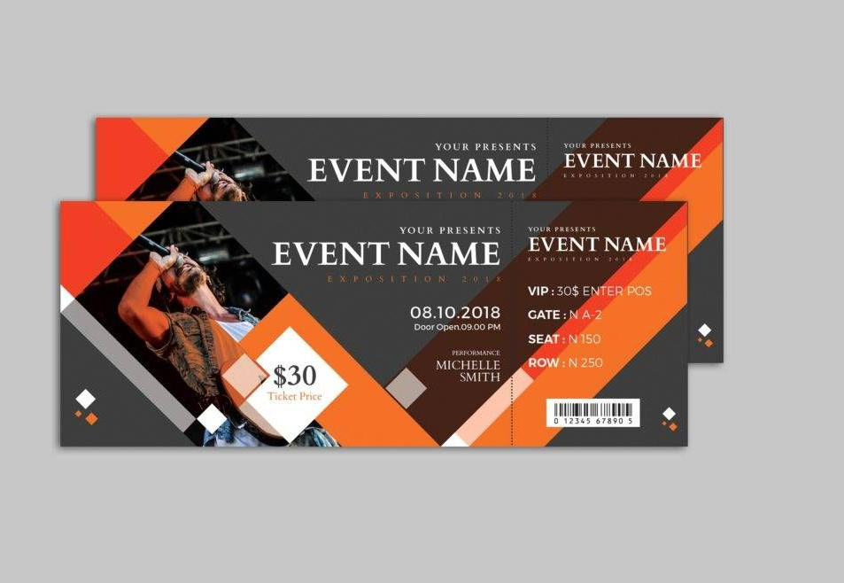 Two concert tickets with geometric orange and gray design and a performer image.