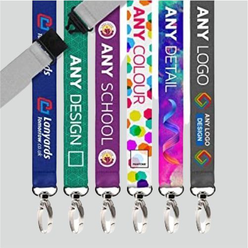 Assorted lanyards with various designs and text in different colors, each with a metal clip.