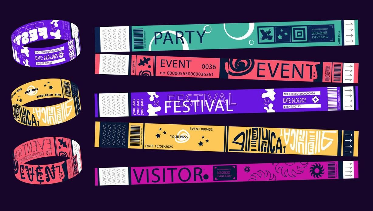 Six colorful event wristbands, each with text indicating 