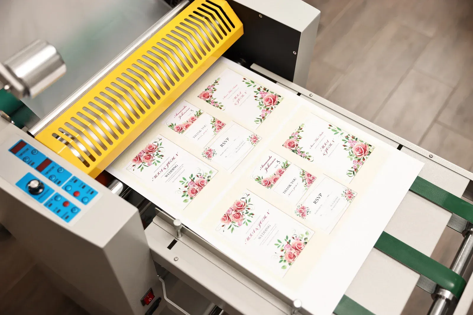 Laminating machine processing a sheet of printed invitations with floral designs.