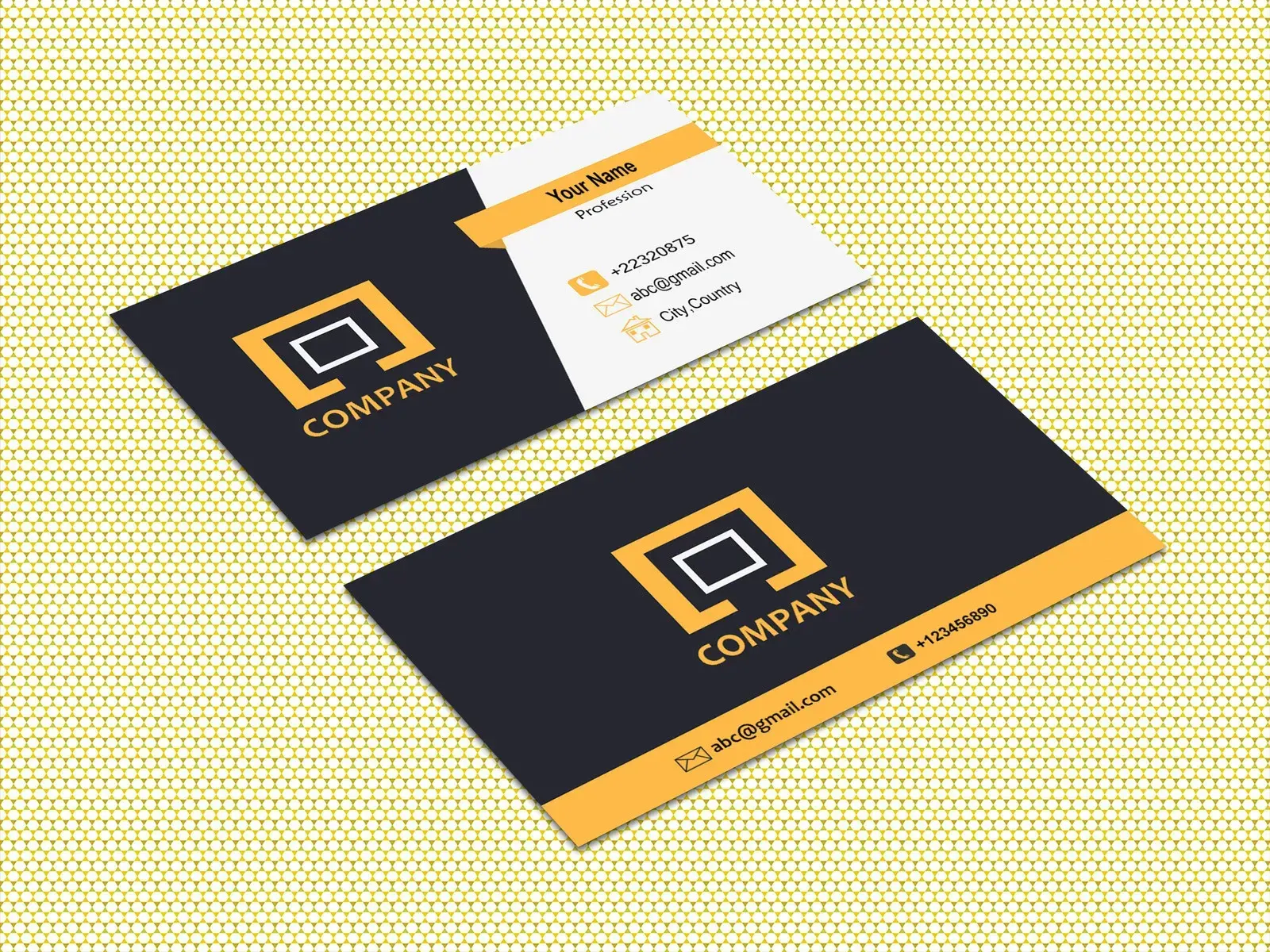 Two business cards, black with orange accents, displaying a company logo and contact information.
