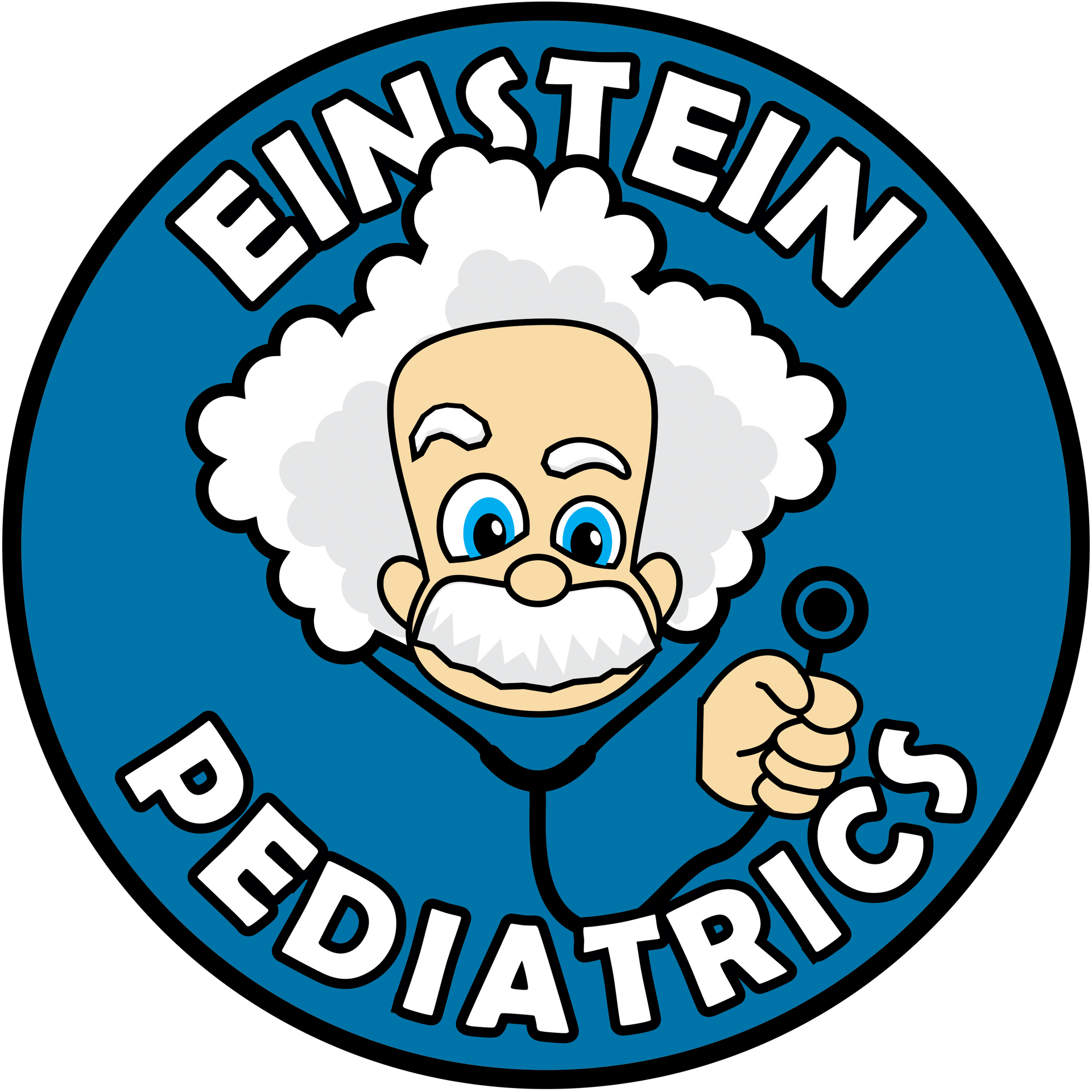 A logo for einstein pediatrics shows a cartoon doctor holding a stethoscope