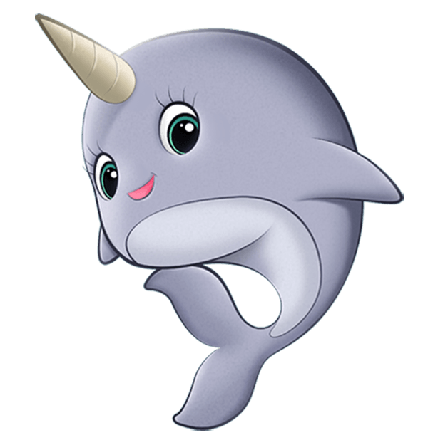 A cartoon narwhal with a horn on its head