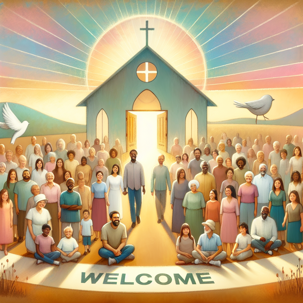 A large group of people are standing in front of a church that says welcome
