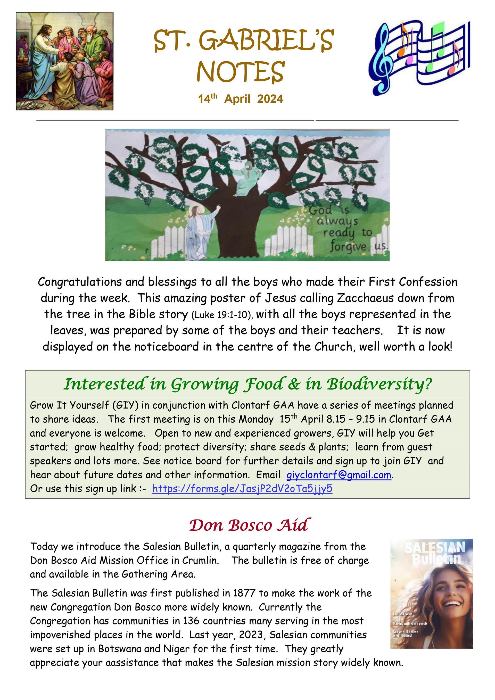 A flyer for st. gabriel 's notes with a picture of a tree and a woman.