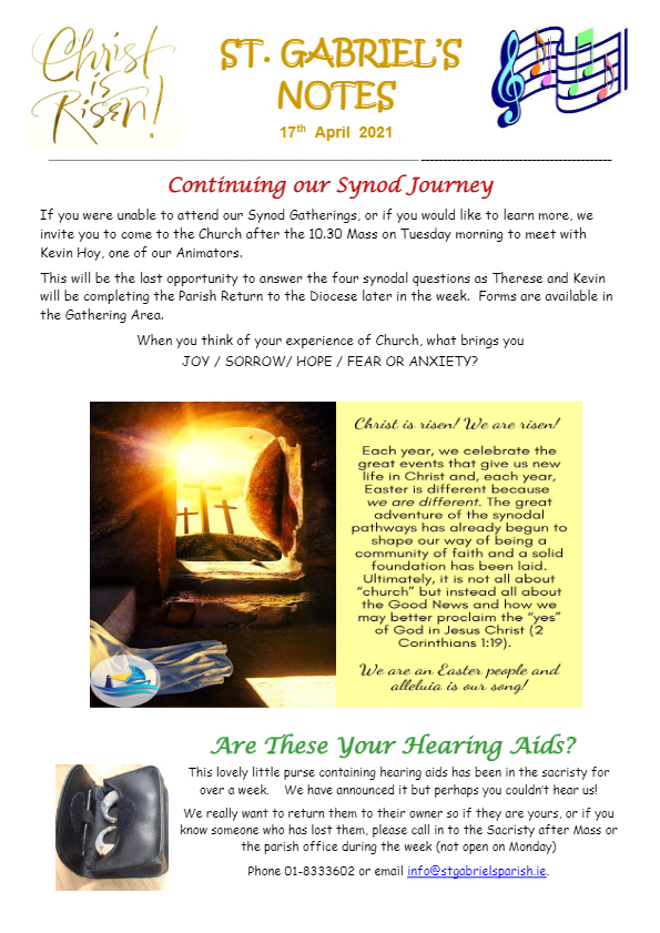 A bulletin for st. gabriel 's notes with a picture of jesus coming out of the tomb.
