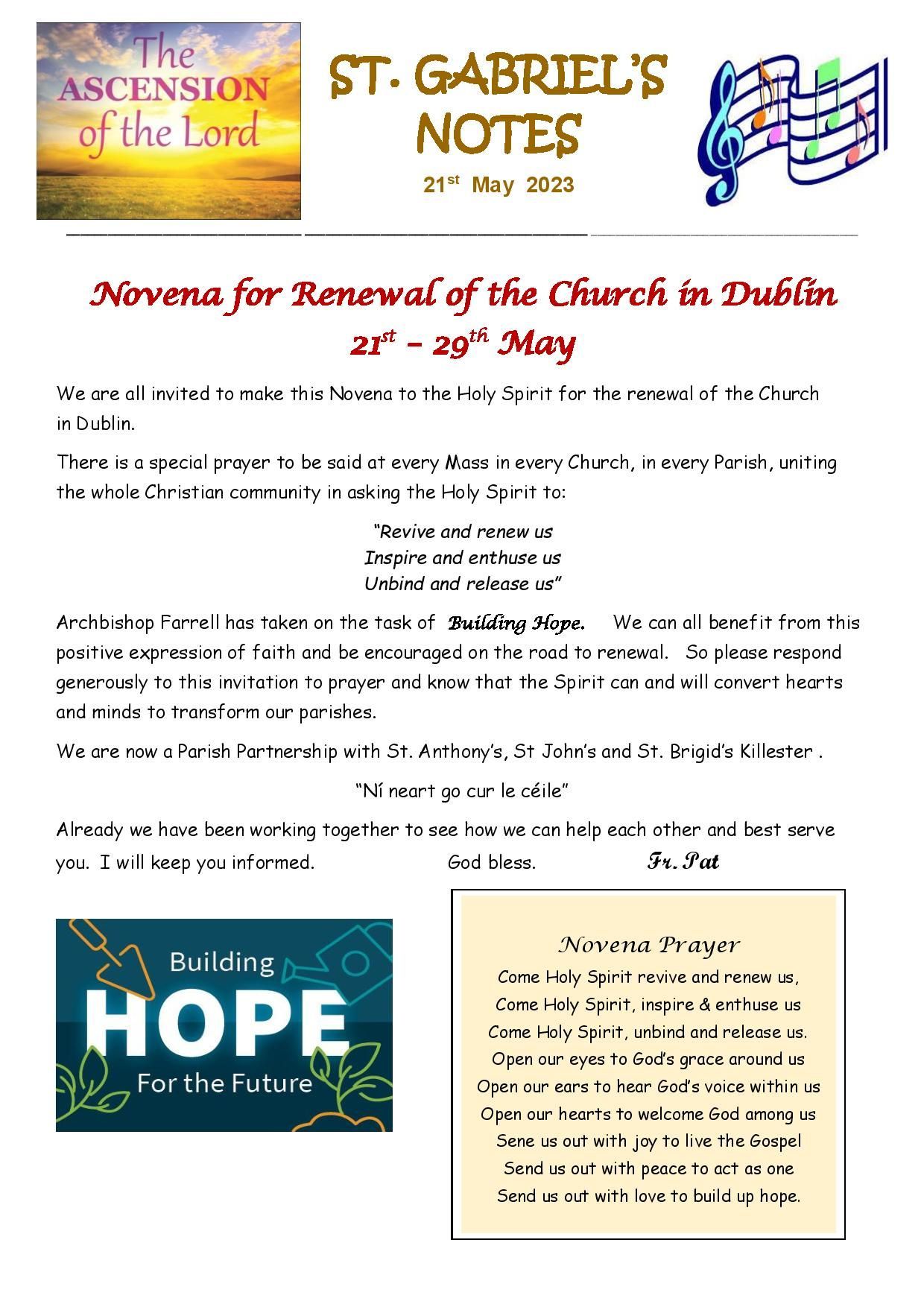 A flyer for st. gabriel 's notes for renewal of the church in dublin