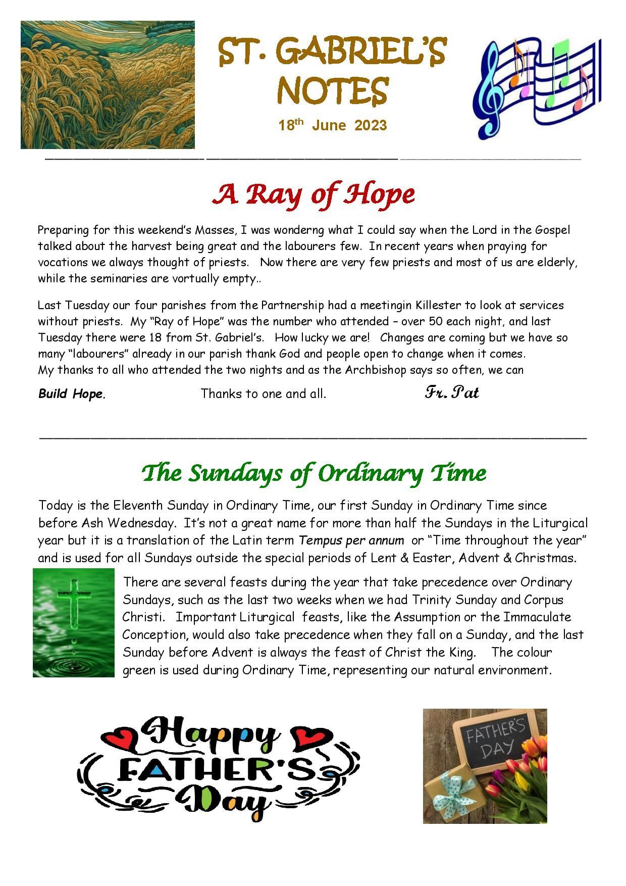 St. gabriel 's notes a ray of hope the sundays of ordinary time happy father 's day