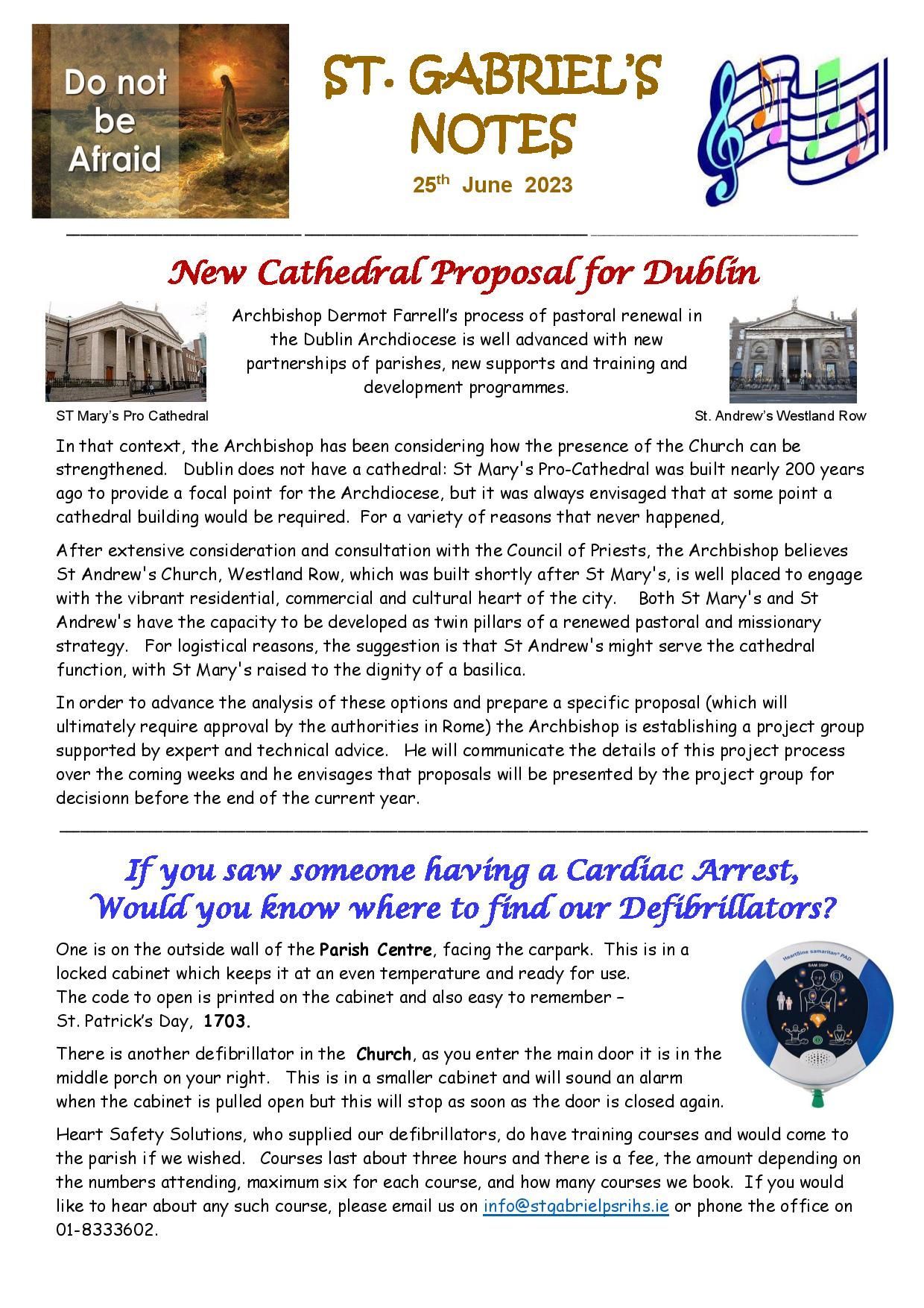 A flyer for st. gabriel 's notes is titled new cathedral proposal for dublin.