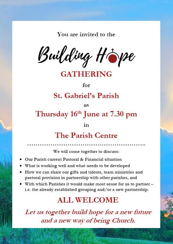 A flyer for a building hope gathering for st. gabriel 's parish.