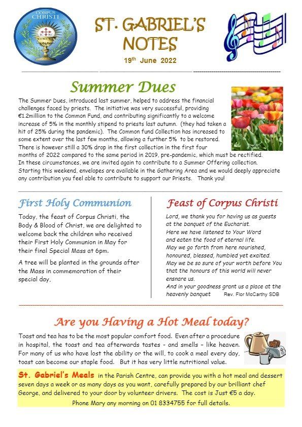 A copy of st. gabriel 's notes for summer dues and first holy communion.