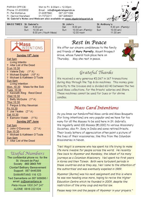A page of a church bulletin with a cross and a rose on it.