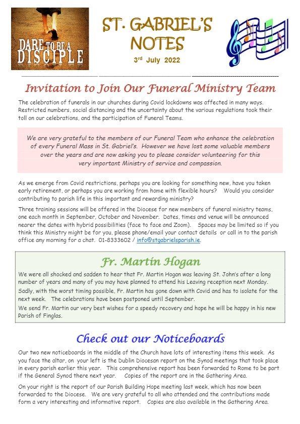 St. gabriel 's notes invitation to join our funeral ministry team check our our noticeboards