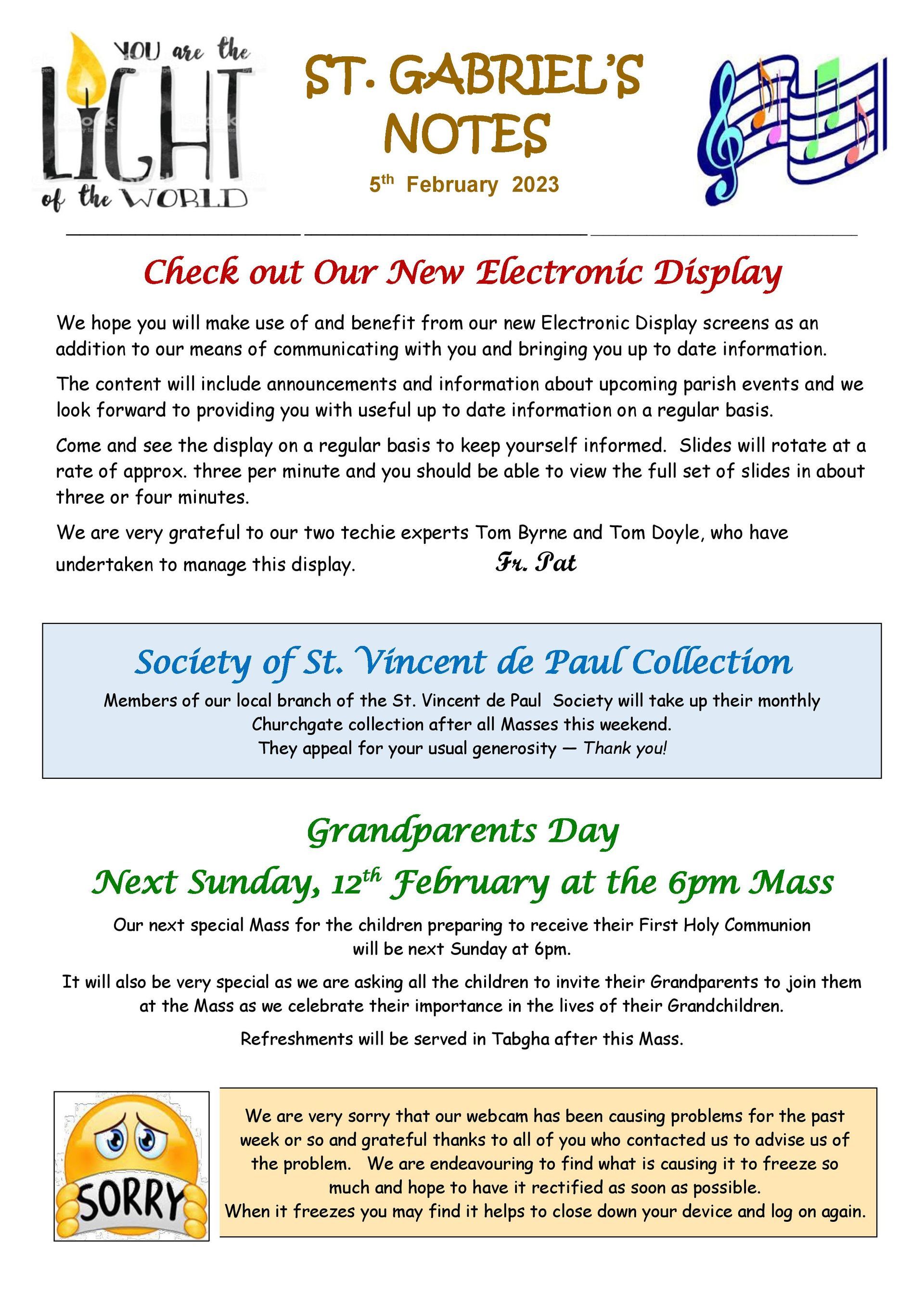 A flyer for st. gabriel 's notes that says check out our new electronic monday