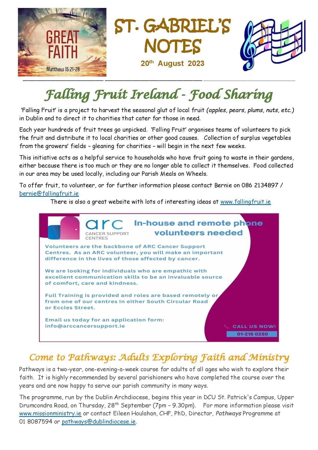 A flyer for st. gabriel 's notes falling fruit ireland food sharing