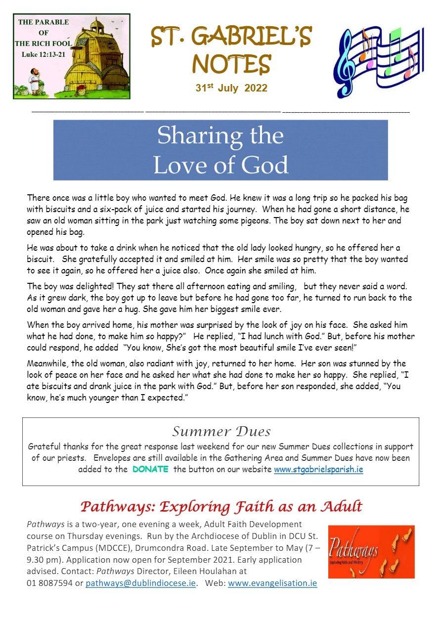 A flyer for st. gabriel 's notes sharing the love of god
