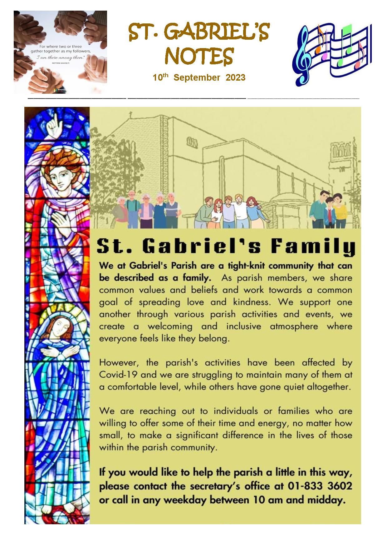 A flyer for st. gabriel 's notes with a picture of a stained glass window.
